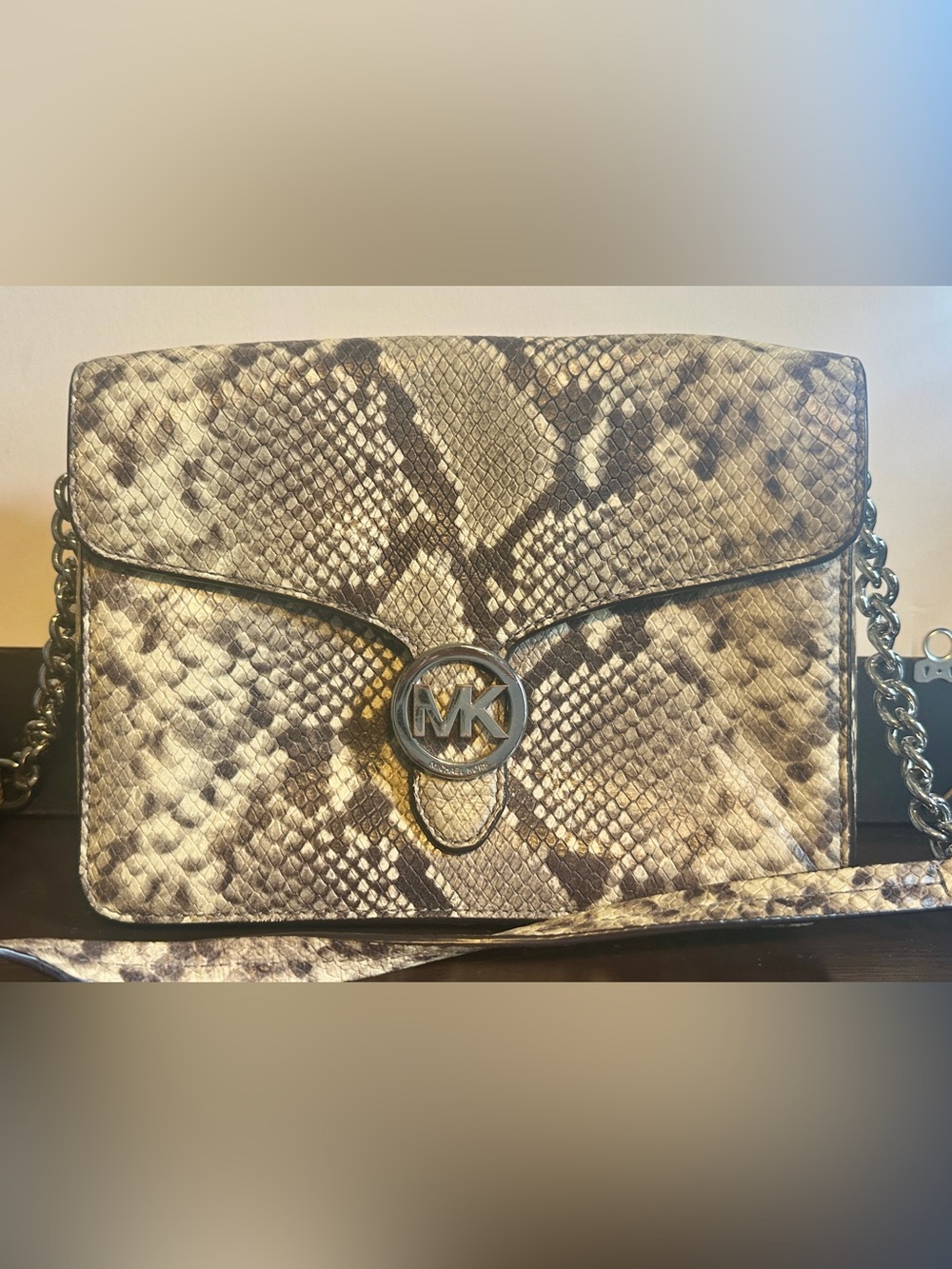 Michael Kors Brown and Tan Snakeskin-Print Leather Clutch